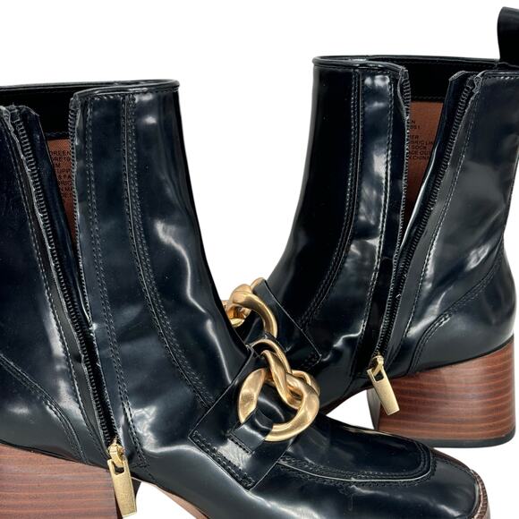 Steve Madden Womens Loreen Chunky Chained Bootie 6.5 Black Faux Patent Leather - Picture 9 of 11